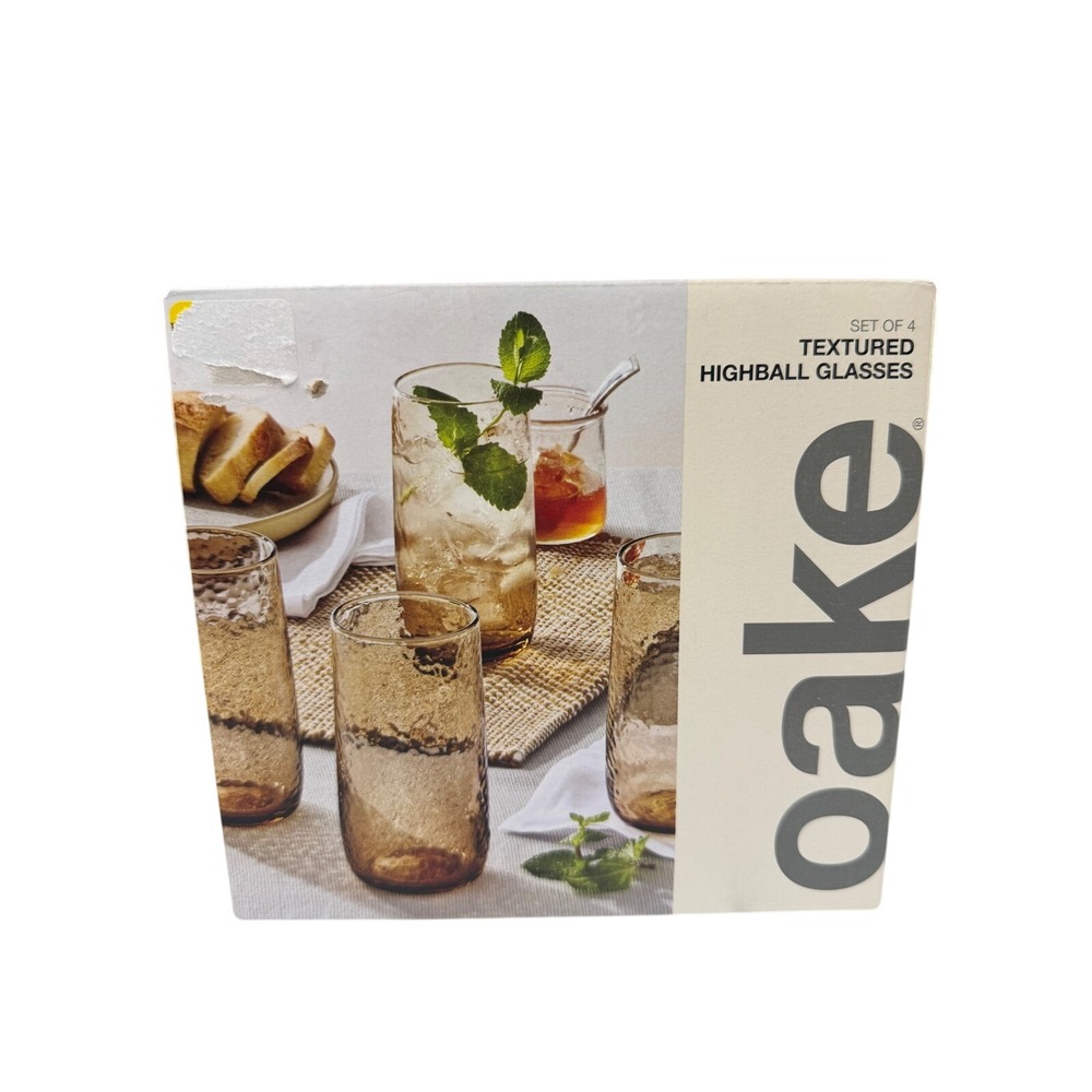 Oake Sunstone Collection Textured Highball Glasses Set of 4 Amber 18oz NEW